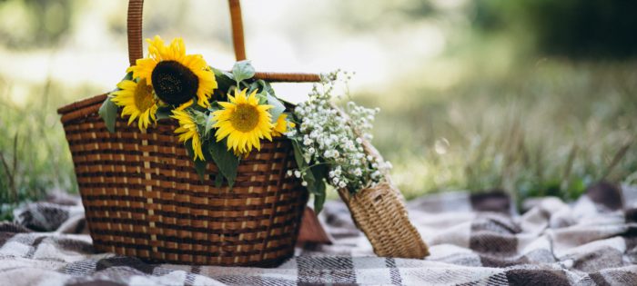 cottage basket container of flowers